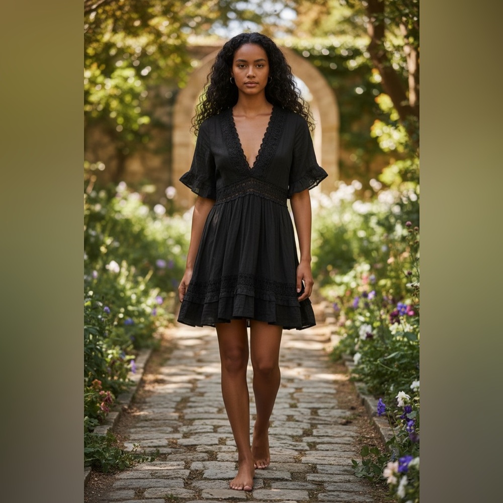 Navy Blue Boho Dress | Lace Trim | Short Sleeve V-Neck size medium